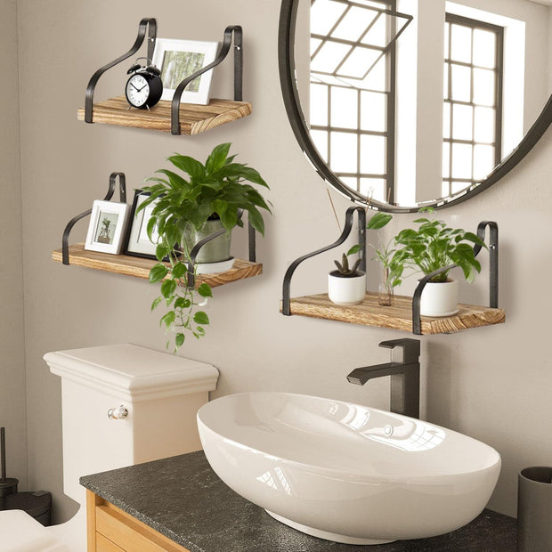 3 Stück schwebende Holzregale, 3 Größen, rustikale braune Wandregale, hängende Bücherregale, kleine Bauernhaus-Dekoration, Wandmontage, Display für Wohnzimmer, Schlafzimmer, Küche, Badezimmer, Büro