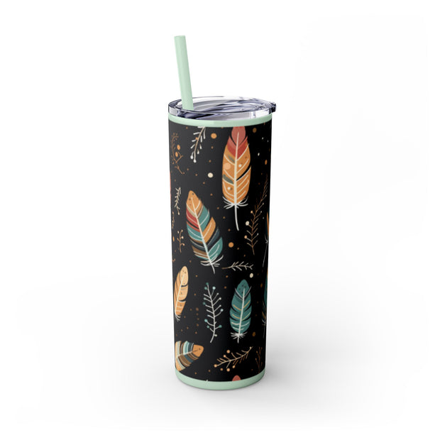 Boho Feather Skinny Tumbler | 20oz Reisebecher, umweltfreundliches Trinkgeschirr, perfekt für Geschenke, Sommerstimmung, Outdoor-Abenteuer