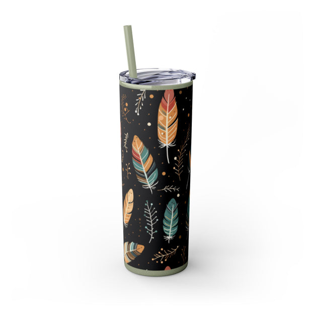 Boho Feather Skinny Tumbler | 20oz Reisebecher, umweltfreundliches Trinkgeschirr, perfekt für Geschenke, Sommerstimmung, Outdoor-Abenteuer