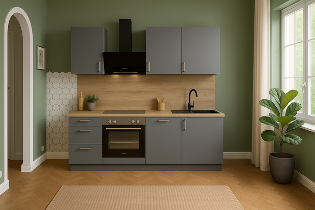 210cm GEBA Komplett-Küchenzeile – vormontiert mit oder ohne E-Geräten, Nischenrückwand & LED-Beleuchtung