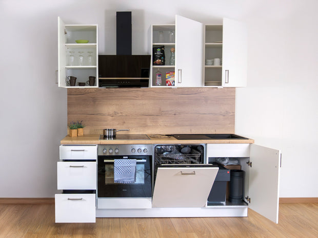 210cm GEBA Komplett-Küchenzeile – vormontiert mit oder ohne E-Geräten, Nischenrückwand & LED-Beleuchtung