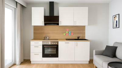 210cm GEBA Komplett-Küchenzeile – vormontiert mit oder ohne E-Geräten, Nischenrückwand & LED-Beleuchtung