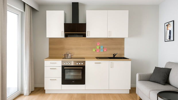 210cm GEBA Komplett-Küchenzeile – vormontiert mit oder ohne E-Geräten, Nischenrückwand & LED-Beleuchtung