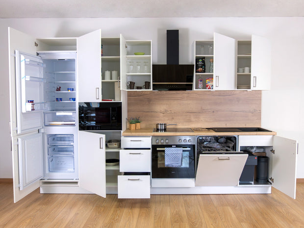 330cm GEBA Komplett-Küchenzeile – vormontiert mit oder ohne E-Geräten, Nischenrückwand & LED-Beleuchtung
